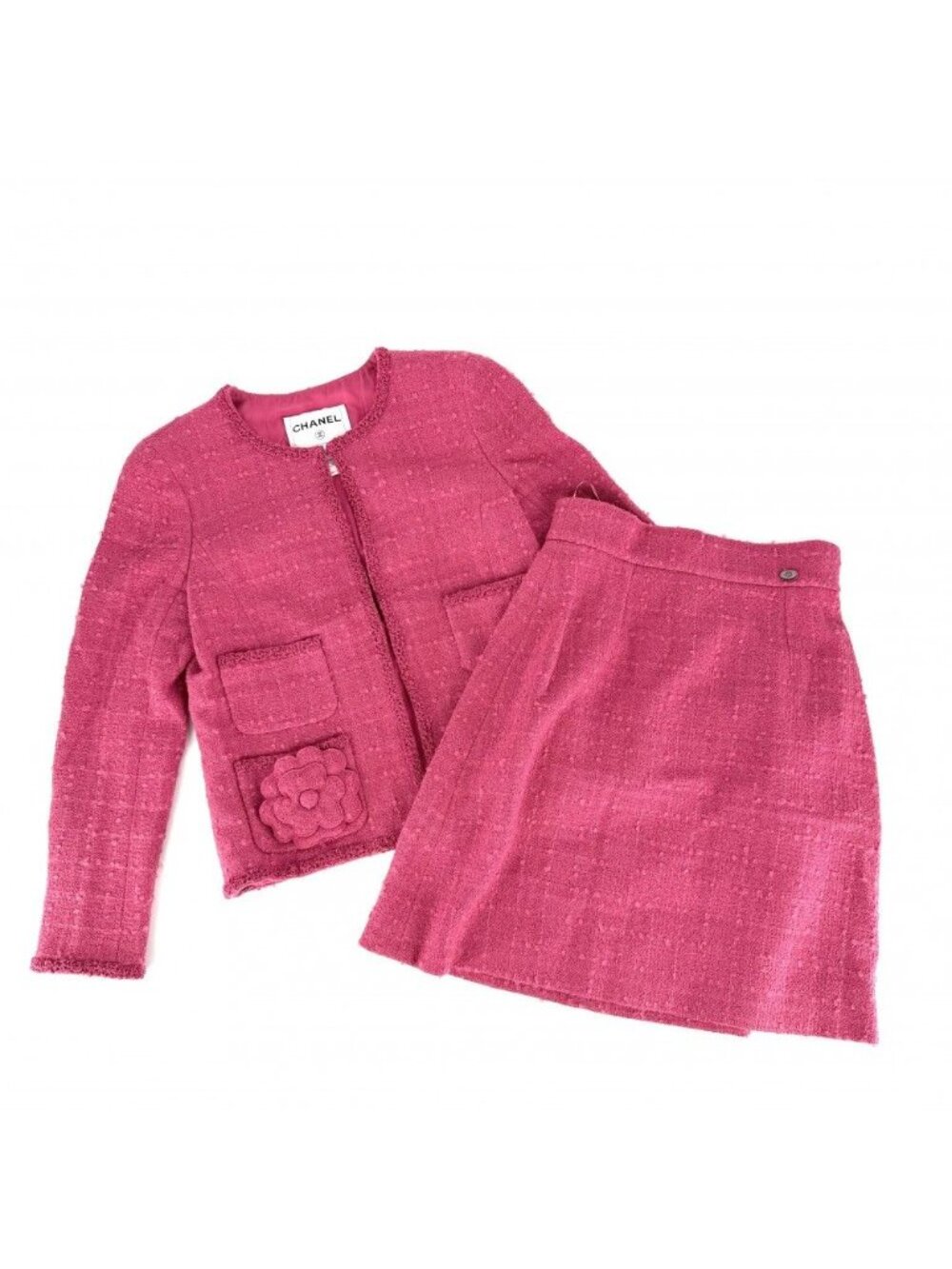 Chanel Set Collarless Jacket Skirt CC Logo Pink Silver Wool Nylon Mohair Spring